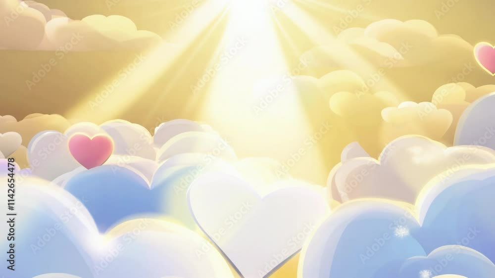 A serene and romantic scene of floating hearts illuminated by sunrays in a golden, fluffy cloudscape, symbolizing love, hope, and warmth. A serene and romantic scene of floating hearts illuminated by sunrays in a golden, fluffy cloudscape, symbolizing love, hope, and warmth.