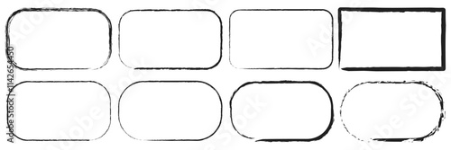  Grunge square and rectangle frames. Ink empty black boxes set. Rectangle borders collections. Square empty borders. Vector illustration. Hand drawn black borders on a white background. 66