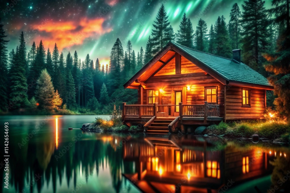 Fototapeta premium A cozy log cabin sits on a lake surrounded by dark green trees. A vibrant, starry sky is above.
