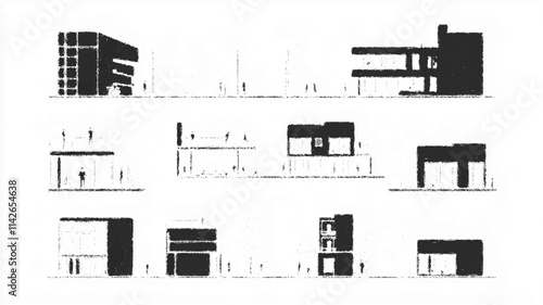 
Set of minimalist architectural drawings featuring people in floor plans and sections. Vector icon