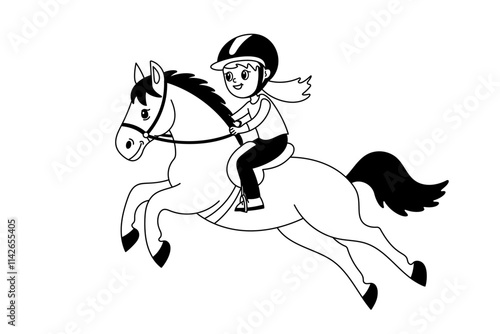 Girl riding a horse in cartoon style, wearing a helmet