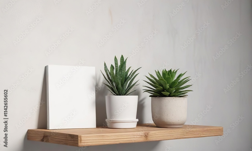 White journal with potted succulent plant on wooden shelf against white wall, mindfulness, neutral tones, digital detox White journal with potted succulent plant on wooden shelf against white wall, mindfulness, neutral tones, digital detox