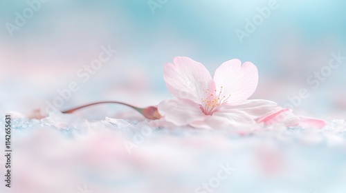 Spring Horizontal banner with sakura flowers. Beautiful nature season background with a branch of blooming cherry. Copy space for text, selective focus