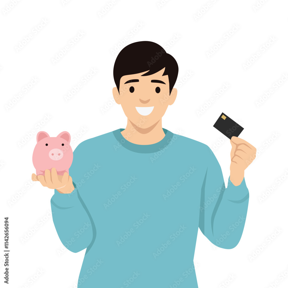 Young man holding credit card and piggy bank. Flat vector illustration isolated on white background Young man holding credit card and piggy bank. Flat vector illustration isolated on white background