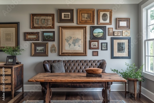 Nostalgic memory displays arranged elegantly on a wall in a cozy living room filled with character and charm