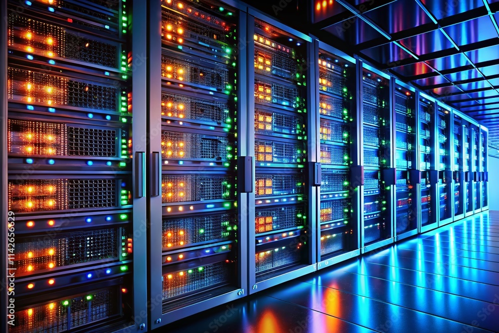 High-Resolution Data Center Servers, Black Background, Deep Depth of Field, Server Room, IT Infrastructure, Network Hardware, Computer Servers, Data Center Technology, Reflections, Isolated Servers