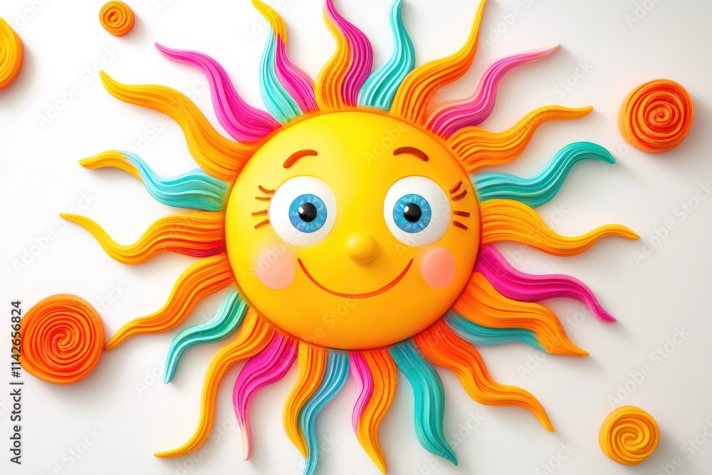 Adorable sun illustration with a happy face and expressive eyes, surrounded by vibrant wavy rays, adding a playful touch.