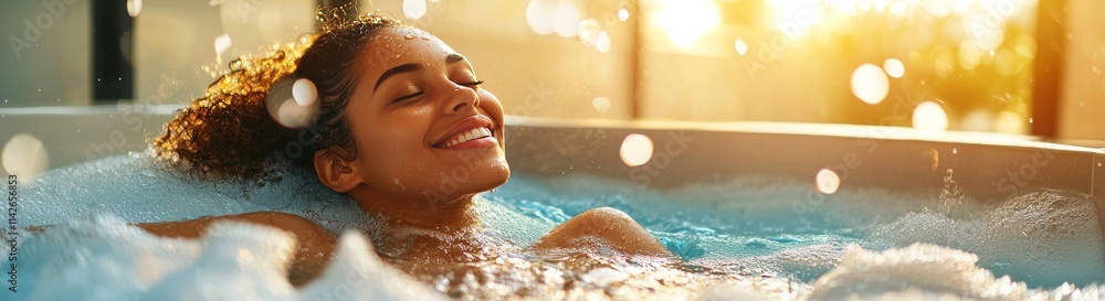 Smiling Woman Relaxing in a Luxury Hot Tub with Bubbles and Golden Sunset Lighting Smiling Woman Relaxing in a Luxury Hot Tub with Bubbles and Golden Sunset Lighting