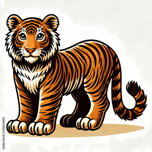 A vibrant illustration of a Sunda Tiger in an upright pose, showcasing its striking orange and black stripes. photo