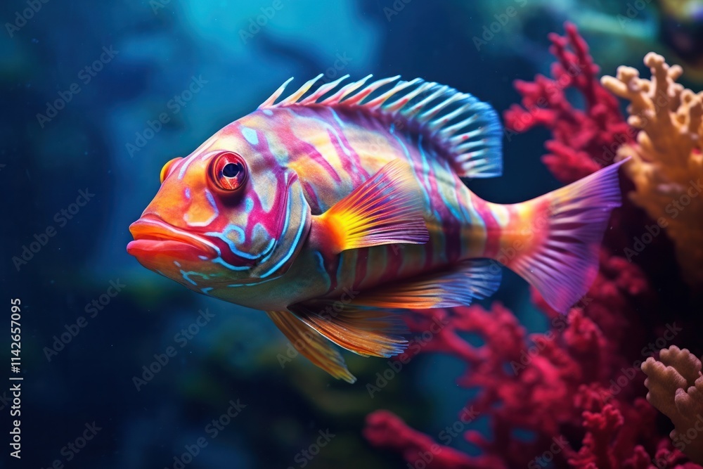 Fototapeta premium An Achilles fish swimming among colorful corals, showcasing its dynamic movement and bright hues. The background is softly blurred to bring attention to the fish's vibrant patterns and elegance.