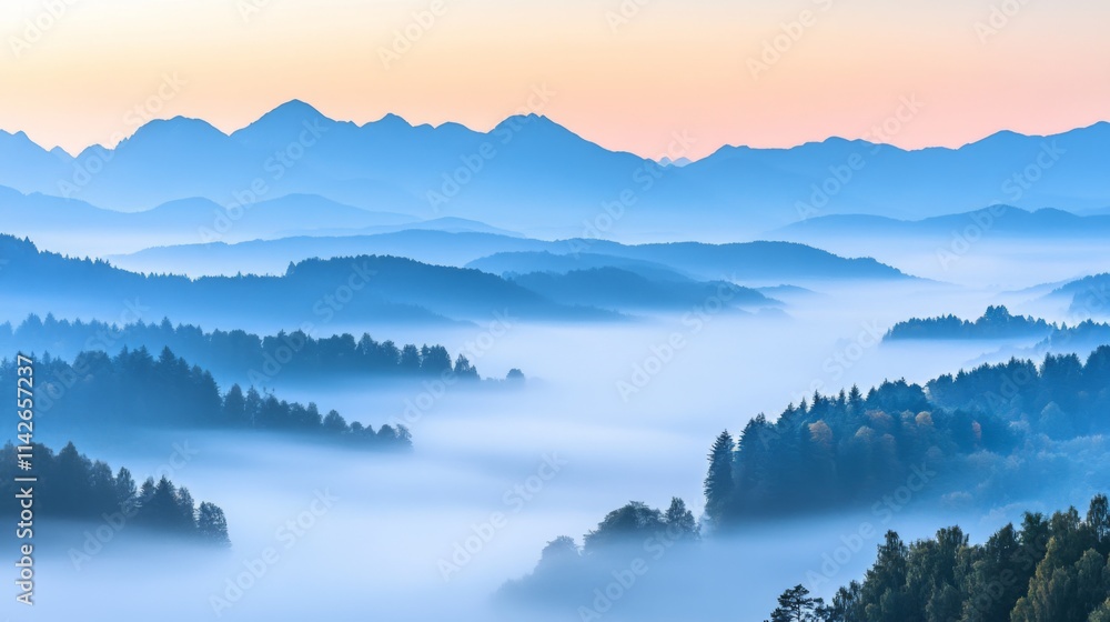 Fototapeta premium Misty Valleys with Flowing Rivers and Mountain Backdrop