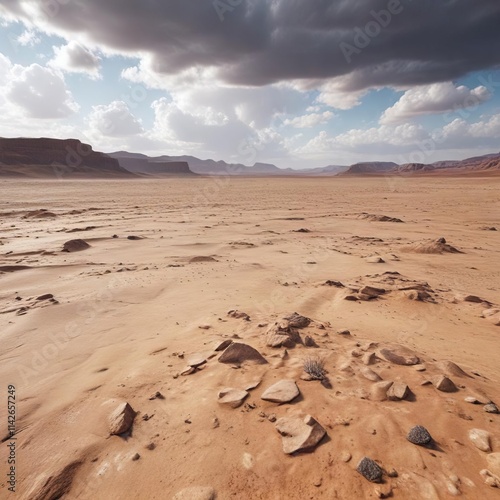 Wide shot of a barren desert under a cloudy sky, dryness, solitude photo