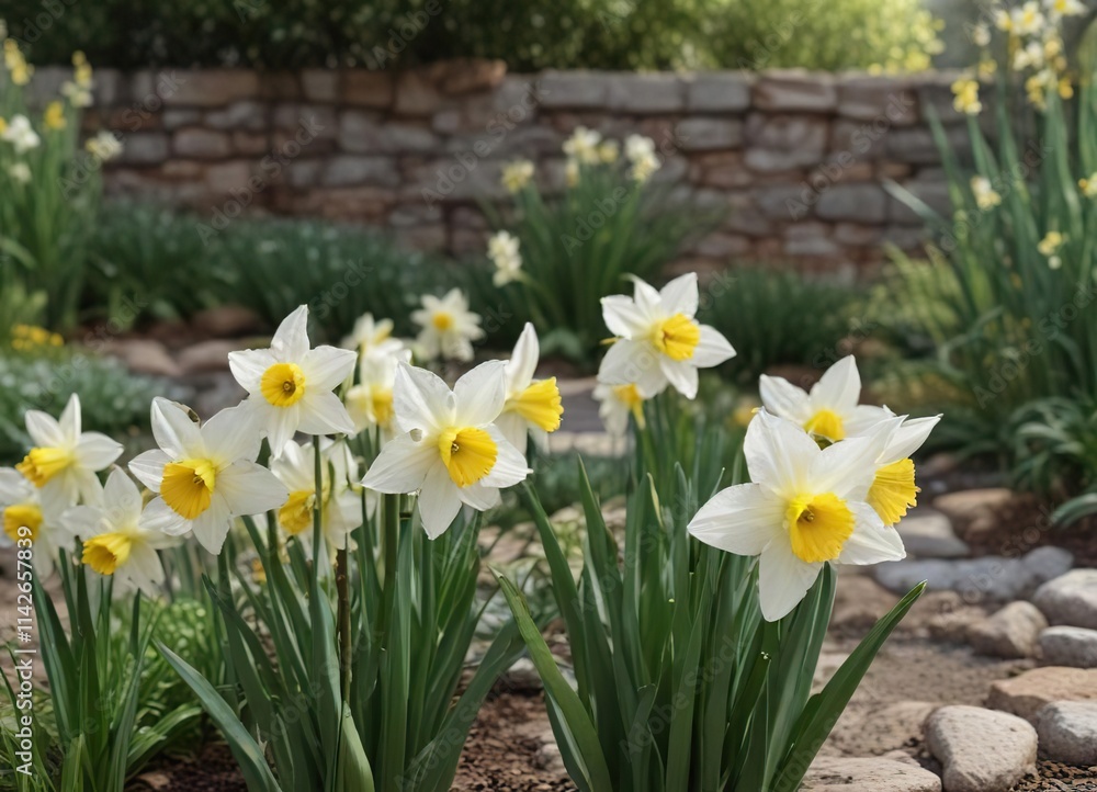 Fototapeta premium Withering narcissus flowers in a backyard garden, plants, wilted