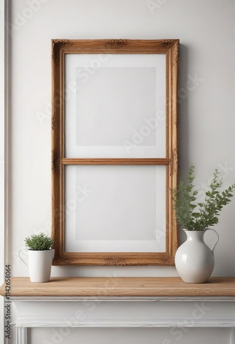 Wooden frame mockup with vintage design on white shelf, design, background, wood, horizontal