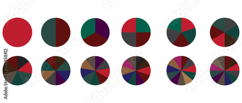 Circles divided in segments from 1 to 15 isolated on white background. Pie business chart or pizza round shapes cut in equal slices in outline style. Vector.