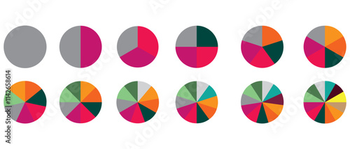 Circles divided in segments from 1 to 15 isolated on white background. Pie business chart or pizza round shapes cut in equal slices in outline style. Vector.