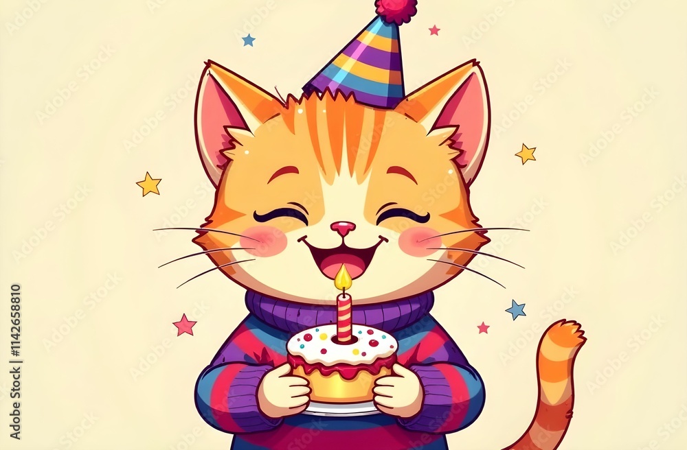 A cheerful kitty in a party hat is joyfully holding a birthday cake