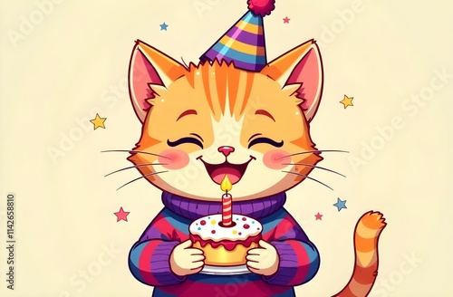 Obraz na płótnie A cheerful kitty in a party hat is joyfully holding a birthday cake w salonie