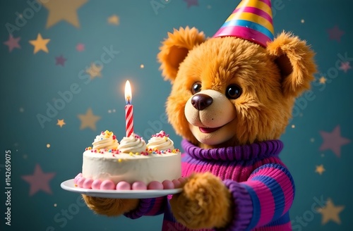 Obraz na płótnie A cheerful teddy bear in a party hat is joyfully holding a birthday cake w salonie