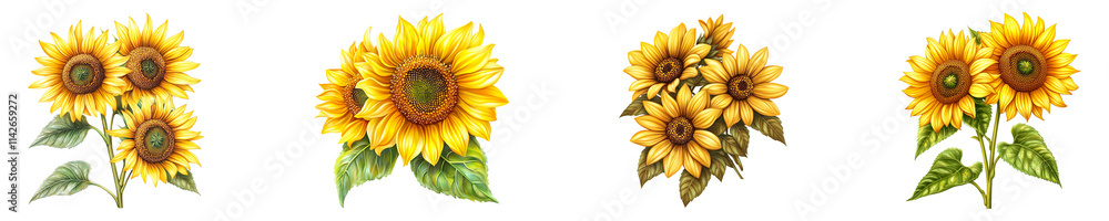 Obraz premium Collection of A vibrant and detailed illustration of blooming sunflowers, showcasing their bright yellow petals and lively appearance isolated on transparent background