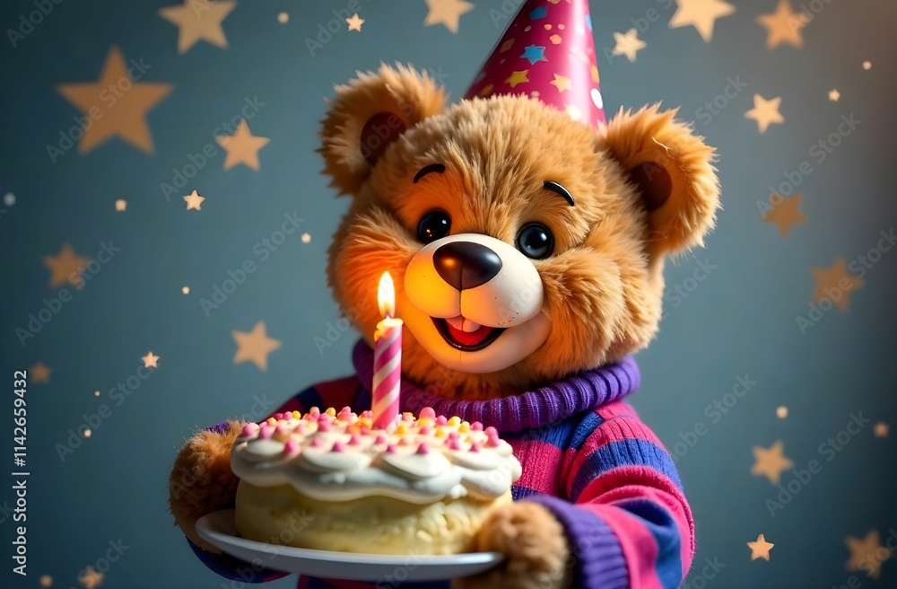 A cheerful teddy bear in a party hat is joyfully holding a birthday cake