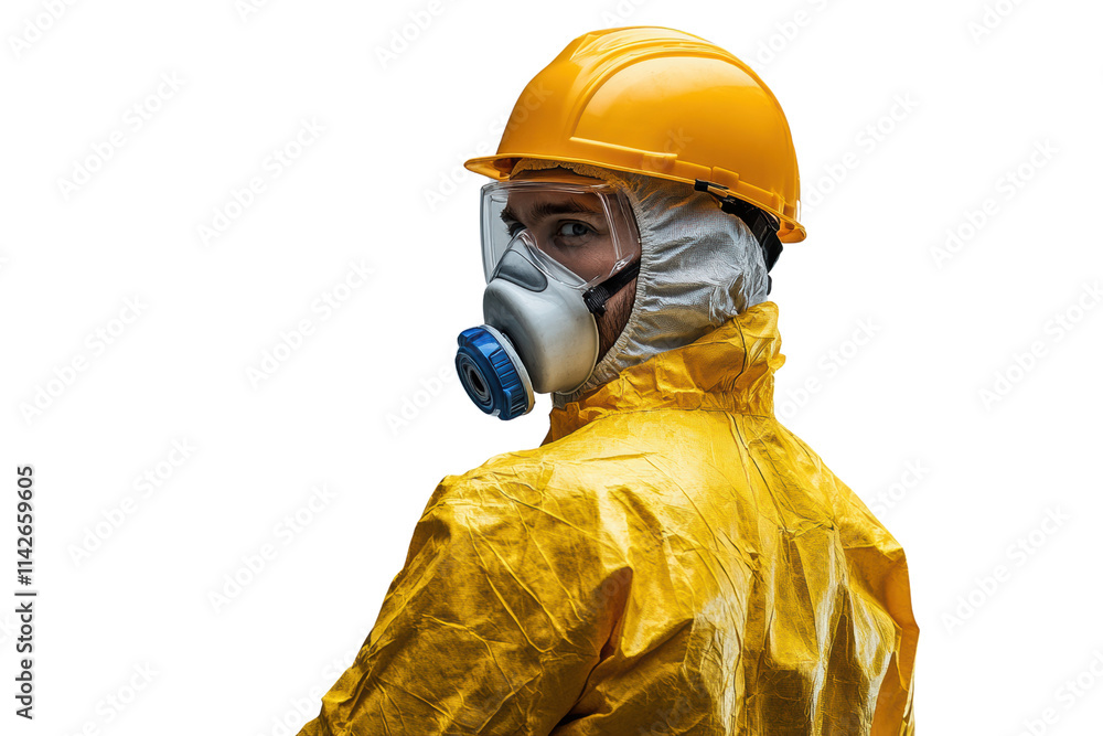 A worker in a yellow protective suit and mask, looking back with determination. Isolated on a white background for safety and workplace themes. A worker in a yellow protective suit and mask, looking back with determination. Isolated on a white background for safety and workplace themes.