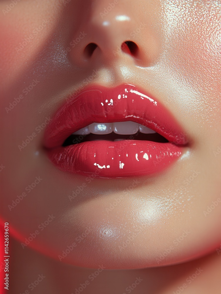 Obraz premium Close-up of glossy lips showcasing a vibrant pink shade under soft lighting to highlight skin texture and shine in an artistic beauty composition
