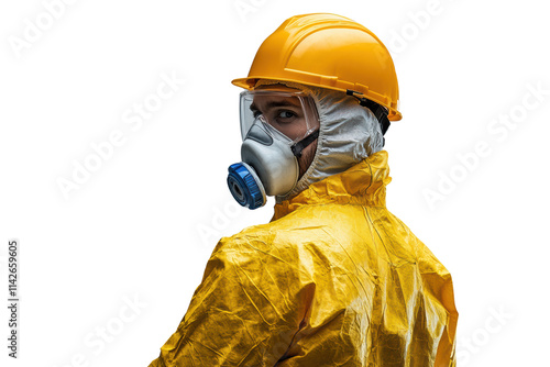 A worker in a yellow protective suit and mask, looking back with determination. Isolated on a white background for safety and workplace themes. photo