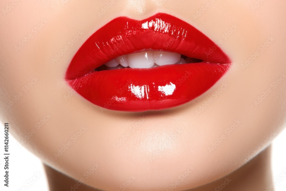 Fototapeta premium Captivating close-up of vibrant red lips with a high-shine gloss, showcasing their full and luscious appearance. The photograph captures the lips in a slightly pursed position