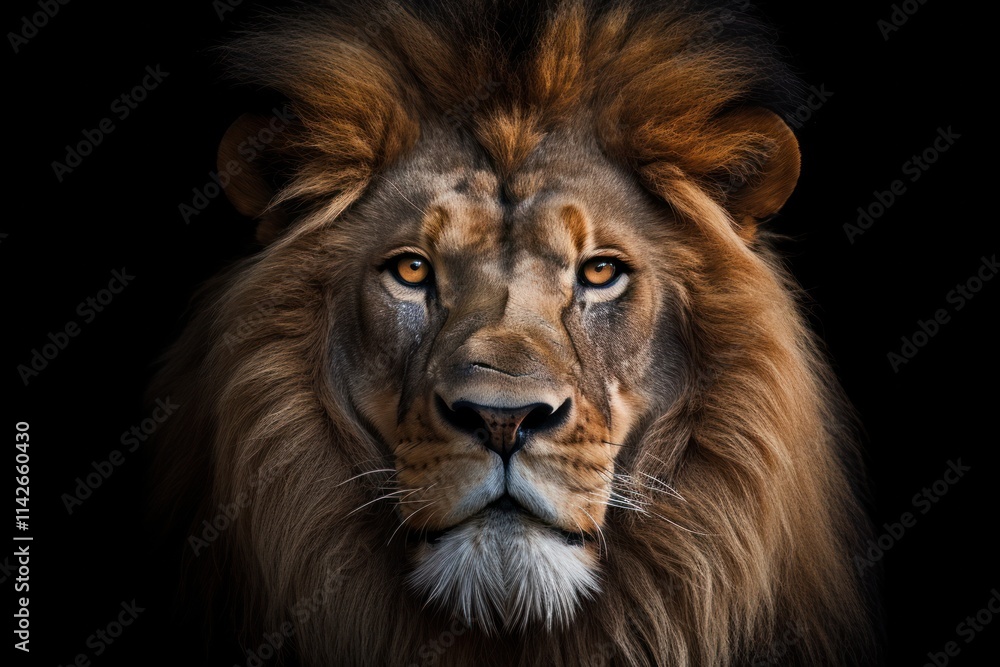 Close-up of a fierce lion's face, highlighting its intricate facial features, including sharp whiskers and a strong jawline Close-up of a fierce lion's face, highlighting its intricate facial features, including sharp whiskers and a strong jawline
