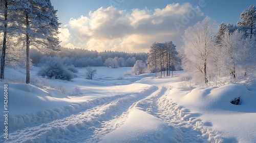 A sprawling winter landscape blanketed in pristine snow, showcasing the intricate textures and undisturbed beauty of the snowy season ::2 snowy expanse, serene silence, frosty allure, natural 