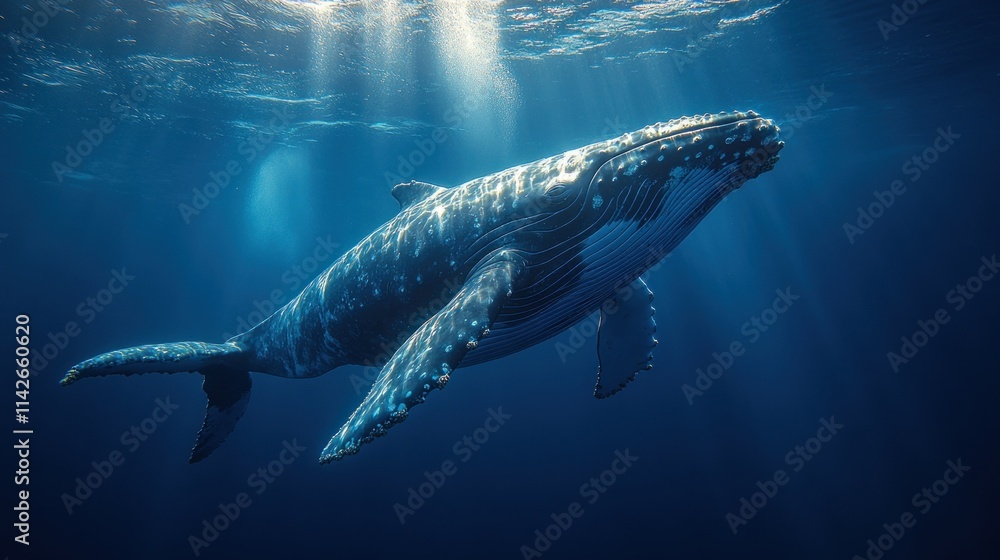 Fototapeta premium Majestic humpback whale gracefully swimming in sunlit ocean depths.