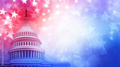 United States Capitol with patriotic red, white, and blue background featuring stars