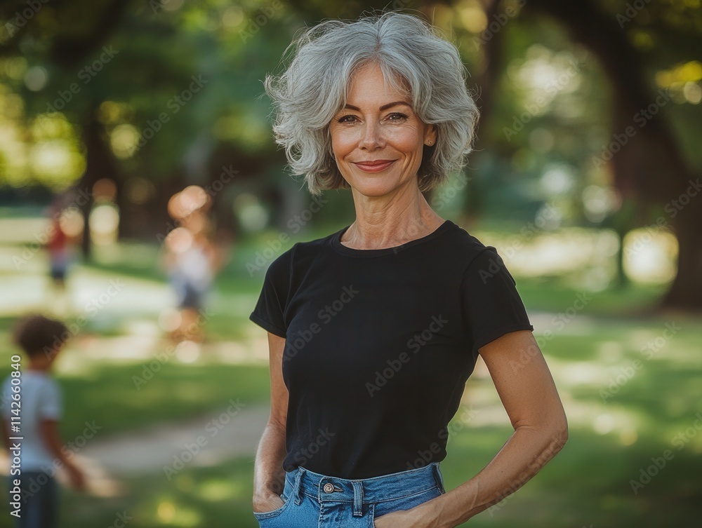 Woman with silver hair in casual attire smiles warmly in a sunlit park during a summer afternoon with children playing nearby Woman with silver hair in casual attire smiles warmly in a sunlit park during a summer afternoon with children playing nearby