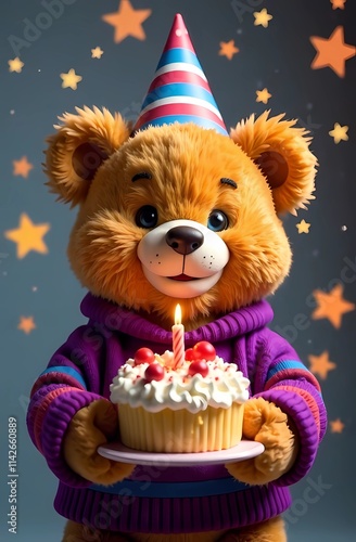 A cheerful teddy bear in a party hat is joyfully holding a birthday cake photo