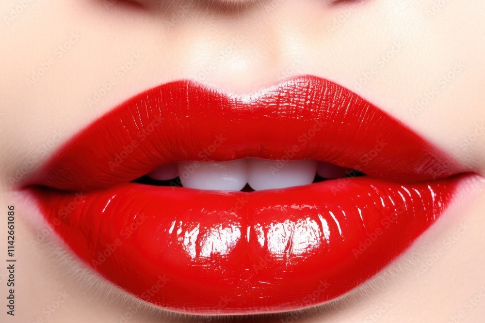 Obraz premium Close-up shot of luscious red lips with a glossy finish, showcasing a vibrant shade of crimson. The lips are slightly parted to reveal a hint of teeth,