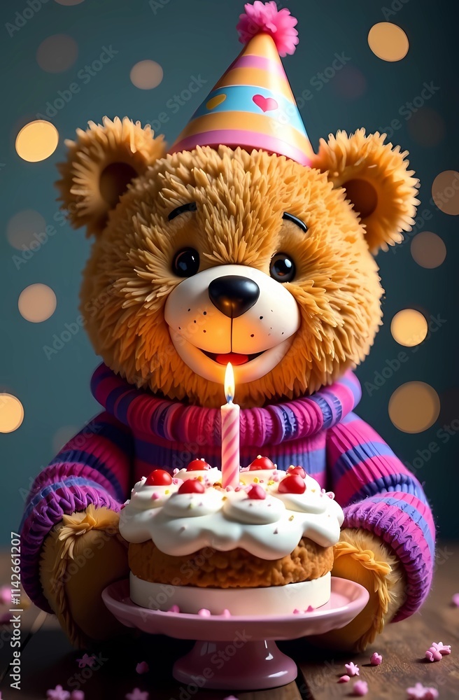 A cheerful teddy bear in a party hat is joyfully holding a birthday cake