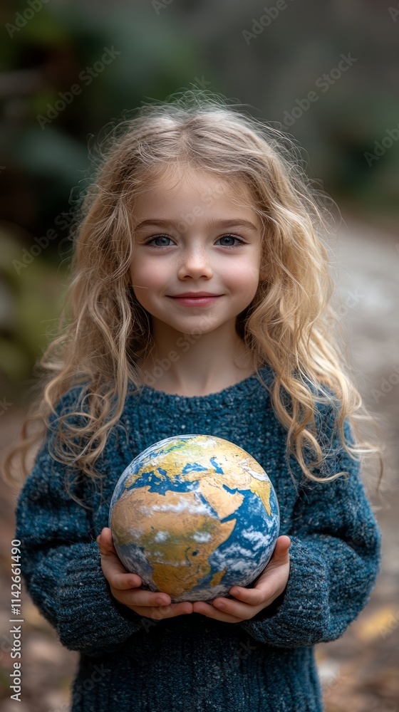 A child stands on a wooded trail, cradling a colorful globe, embodying innocence and a deep connection to the planet as she smiles warmly A child stands on a wooded trail, cradling a colorful globe, embodying innocence and a deep connection to the planet as she smiles warmly