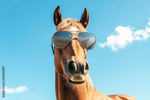 Confident horse sporting aviator sunglasses, with a slight tilt of the head under a clear blue sky, creating a bold and adventurous look. photo