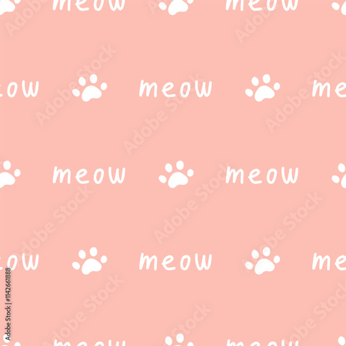 Pink seamless pattern with meow text and paws