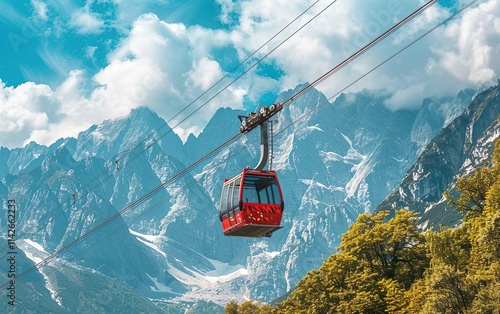 Snow mountain cable car, hanging cabin, copy space. Entertainment, mobility, travel, on the go, amusement, engaging journey, enjoyable experience, innovative, recreational, gamified transport concept photo