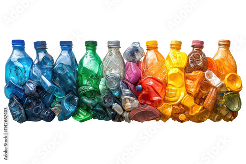 Colorful assortment of crushed plastic bottles arranged in a row on a white background, highlighting recycling efforts and plastic waste. photo