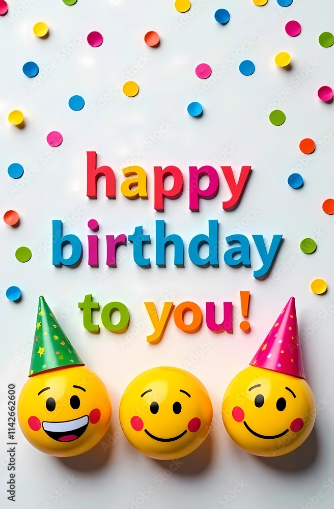 A birthday card with joyful smiley faces and colorful party hats