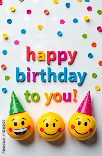 Obraz na płótnie A birthday card with joyful smiley faces and colorful party hats w salonie