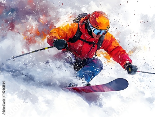 Dynamic freestyle skiing illustration, skier executing a stylish jump off a snow-covered slope, white background ::2 aerial acrobatics, snowy landscapes, gravity-defying tricks, ski gear details, 