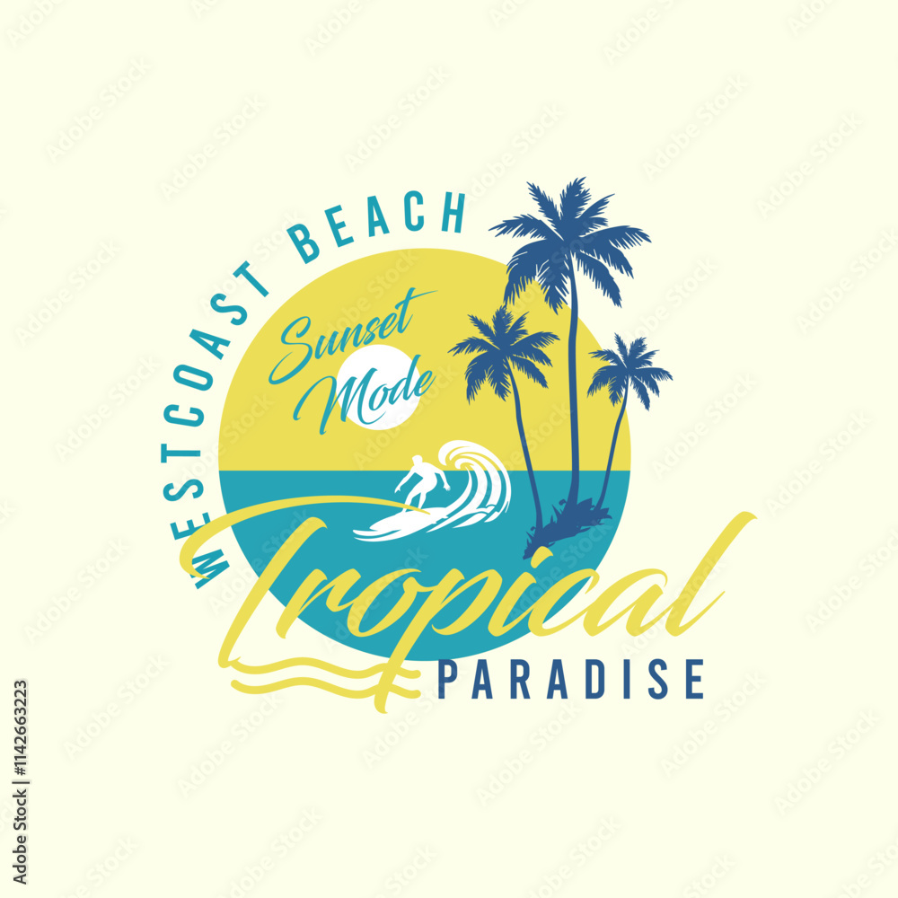 Naklejka premium Tropical Paradise Beach palm tree sunset typography summer graphic print