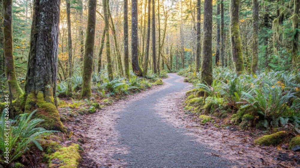 Fototapeta premium Scenic Walking Trails in Dense Woods with Soft Lighting