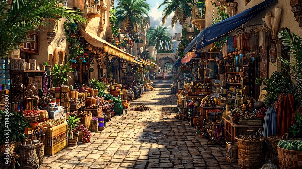 Fototapeta premium Sunlit Arabian marketplace street scene with shops and goods.