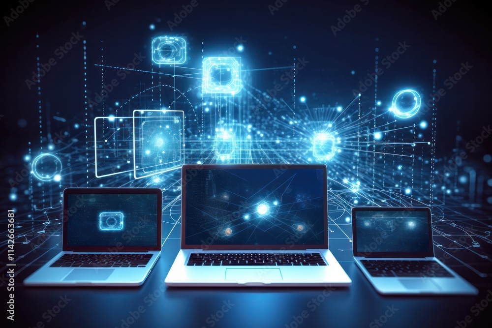 Multiple devices interconnected with futuristic data nodes and symbols, showing a seamless flow of information across technologies, embodying the vision for a unified digital transformation framework Multiple devices interconnected with futuristic data nodes and symbols, showing a seamless flow of information across technologies, embodying the vision for a unified digital transformation framework