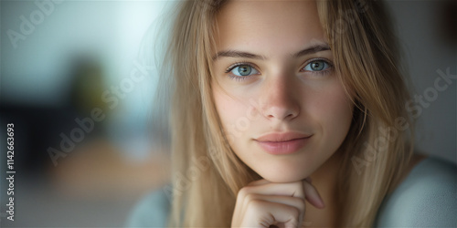 A close-up portrait of a young woman with blue eyes and a soft gaze. The background is blurred, adding focus to her serene and calm expression.